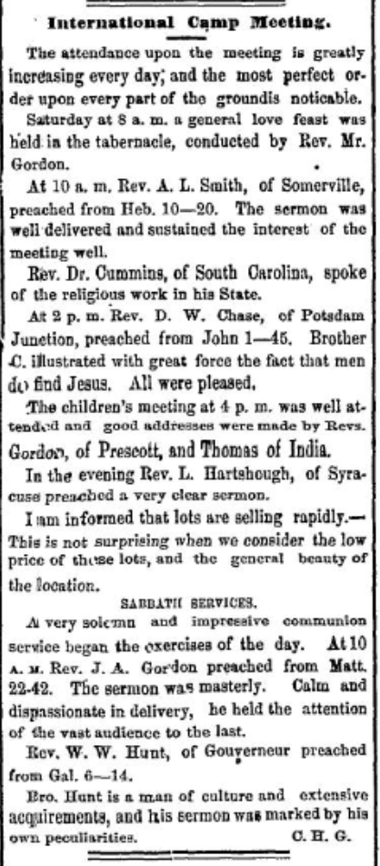 Methodist Camp Meeting at the International Camp Ground later called Terrace Park near Morristown, NY